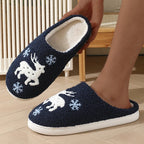 Cartoon Moose Cute Plush Indoor Slippers Women 2025 Winter Warm Fluffy Fur Couple's Christmas Slippers Soft Flat Heel Slides