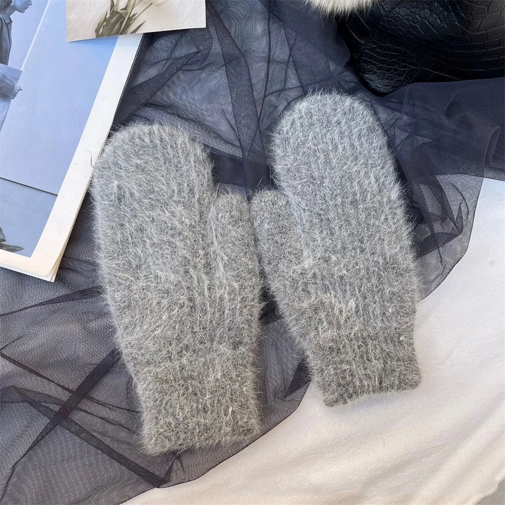 New Fashion Knitted Gloves Men's and Women's Double-layer Velvet Warm Rabbit Fur Winter Out Cold Simple 23*11CM