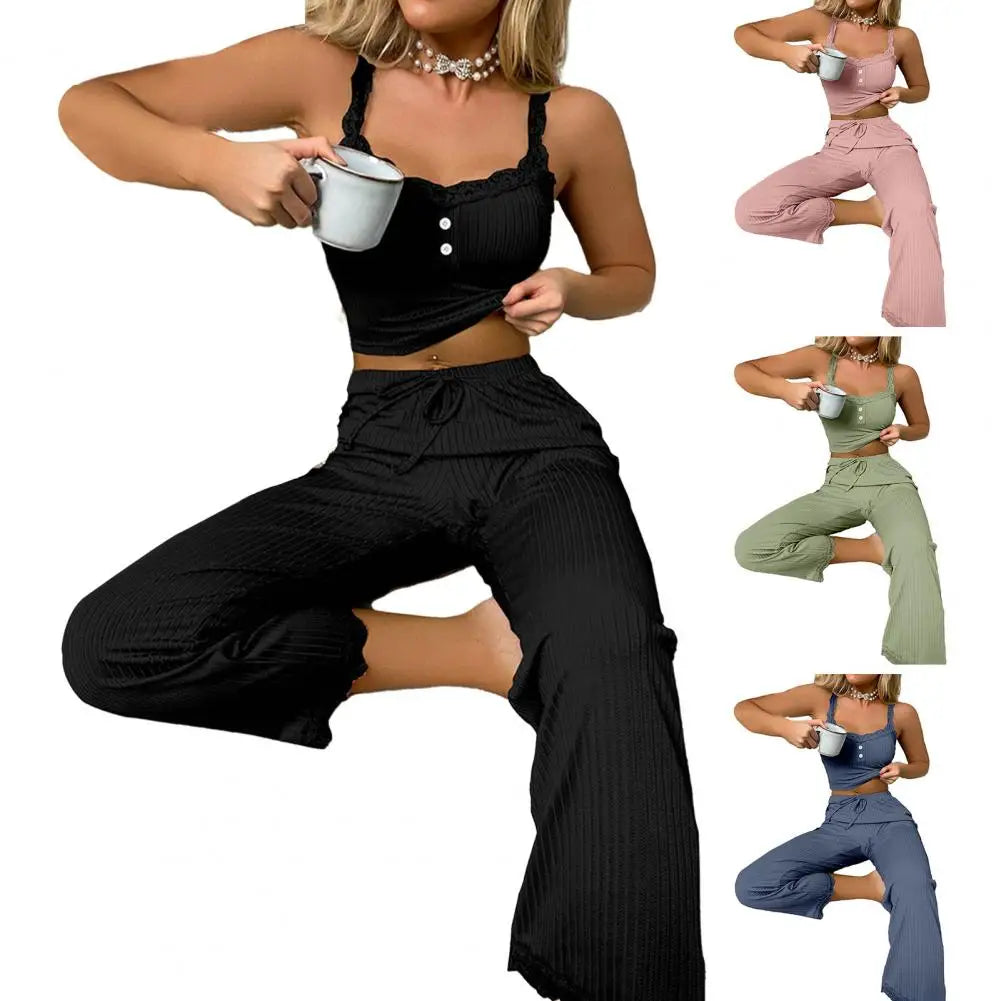 Women Casual Two-piece Set Home Loungewear  Women Summer Pajamas Low-cut Tube Top Drawstring Pants Suit Tank Top Trousers Set
