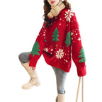 Knitted Sweater Cozy Women's Christmas Sweater Knit Thick Round Neck Festive Tree Print Soft Warm Pullover for New Year