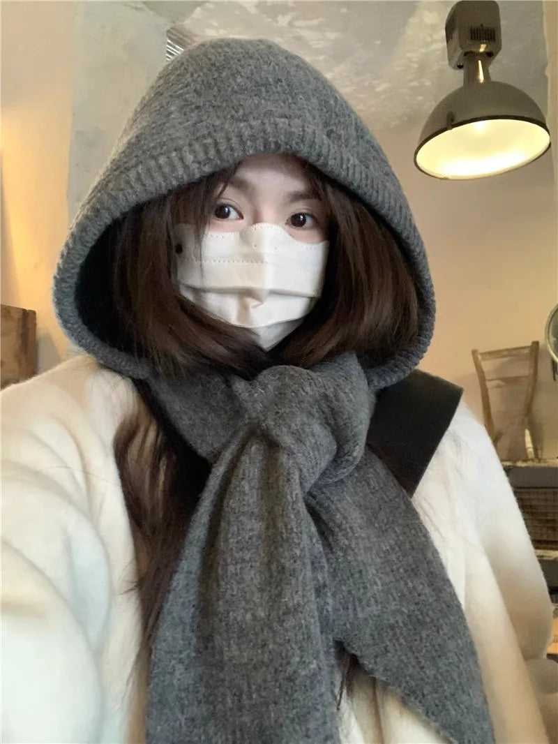 Korean Balaclava bonnet beanies y2k Hat scarf one-piece thickened warm retro Neck protection winter accessories knitted Law hat