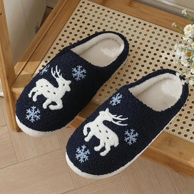 Cartoon Moose Cute Plush Indoor Slippers Women 2025 Winter Warm Fluffy Fur Couple's Christmas Slippers Soft Flat Heel Slides
