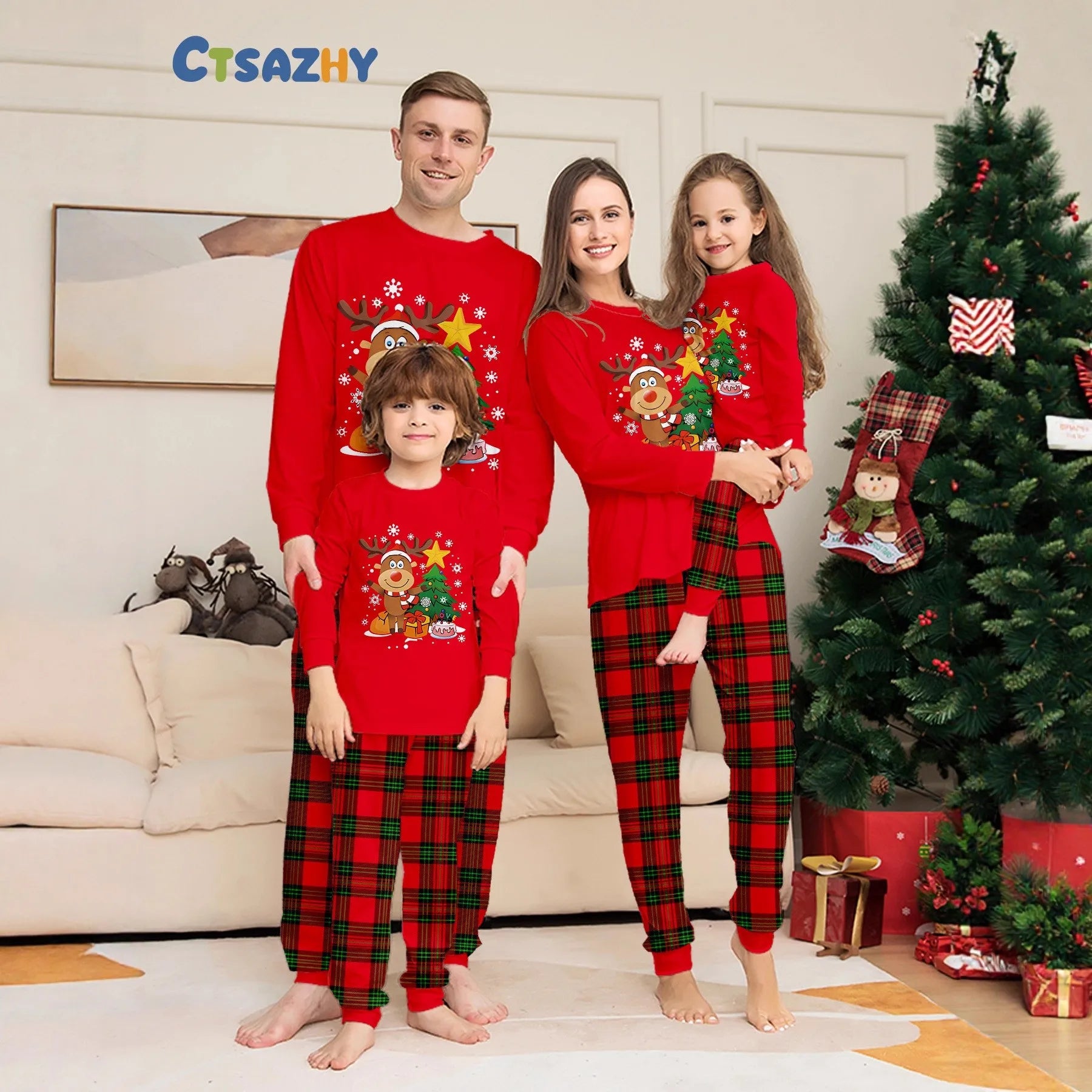 2025 Christmas Family Matching Pajamas Adult Kid Baby Outfits Deer Stars Tree Tops+Pants 2PCS Xmas Sleepwear Pyjamas Dog Clothes