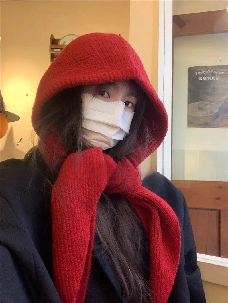 Korean Balaclava bonnet beanies y2k Hat scarf one-piece thickened warm retro Neck protection winter accessories knitted Law hat