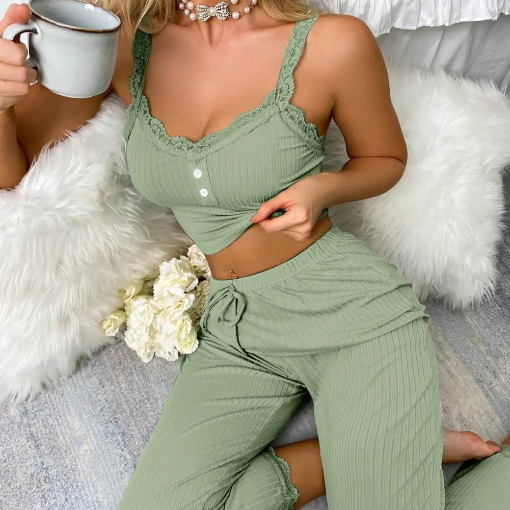 Women Casual Two-piece Set Home Loungewear  Women Summer Pajamas Low-cut Tube Top Drawstring Pants Suit Tank Top Trousers Set