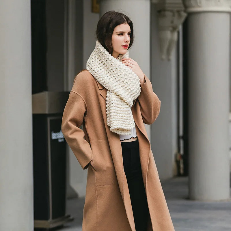 Hand Knitted Chunky Yarn Plain Scarf for Women Winter Thick Warm Soft Wool Like Scarf Fashion Long Scarves Casual Outdoor Travel