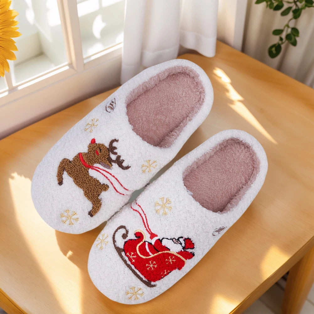 Winter Lovely Women Slippers Christmas Santa Claus Elk Plush Slippers Girls Fashion Indoor Slides Couples Soft Flat House Shoes
