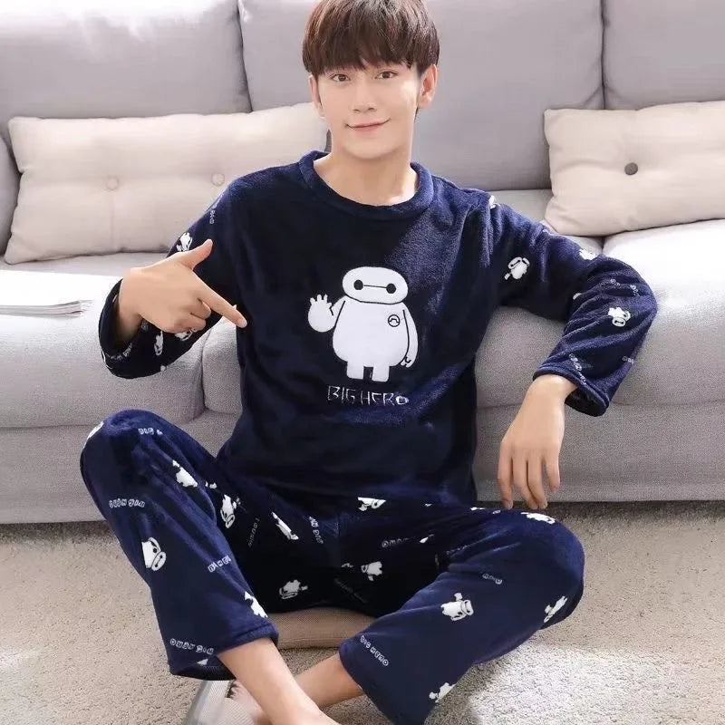 Men Winter Warm Flannel Pajama Sets Long Sleeve Thick Homewear For Men Coral Velvet Cute Cartoon Sleepwear Suit Pyjamas Homewear