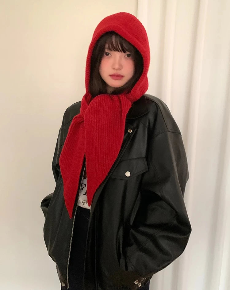 Korean Balaclava bonnet beanies y2k Hat scarf one-piece thickened warm retro Neck protection winter accessories knitted Law hat