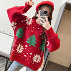 Knitted Sweater Cozy Women's Christmas Sweater Knit Thick Round Neck Festive Tree Print Soft Warm Pullover for New Year