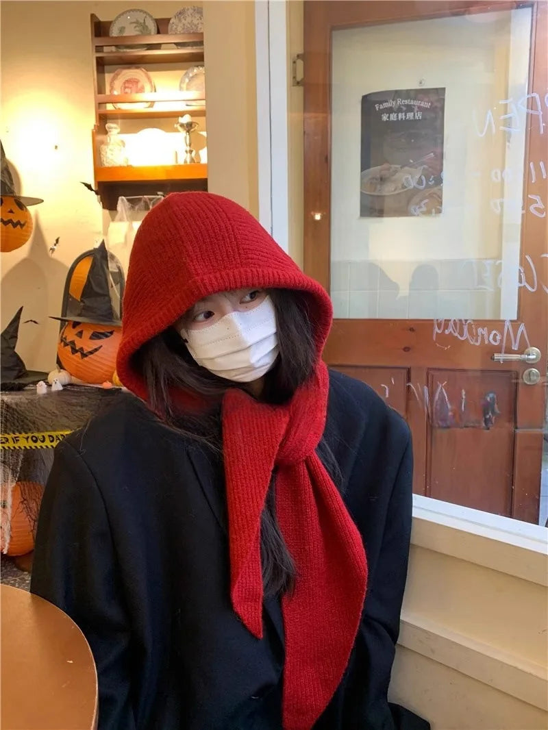 Korean Balaclava bonnet beanies y2k Hat scarf one-piece thickened warm retro Neck protection winter accessories knitted Law hat