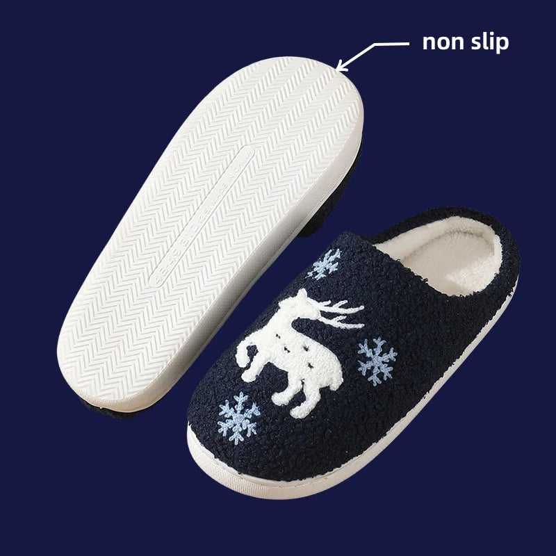 Cartoon Moose Cute Plush Indoor Slippers Women 2025 Winter Warm Fluffy Fur Couple's Christmas Slippers Soft Flat Heel Slides