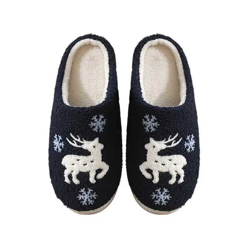 Cartoon Moose Cute Plush Indoor Slippers Women 2025 Winter Warm Fluffy Fur Couple's Christmas Slippers Soft Flat Heel Slides