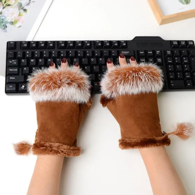 Soft Winter Half Finger Gloves Women Warm Luxury  Plush  Fingerless Gloves Wrist Mittens Writting