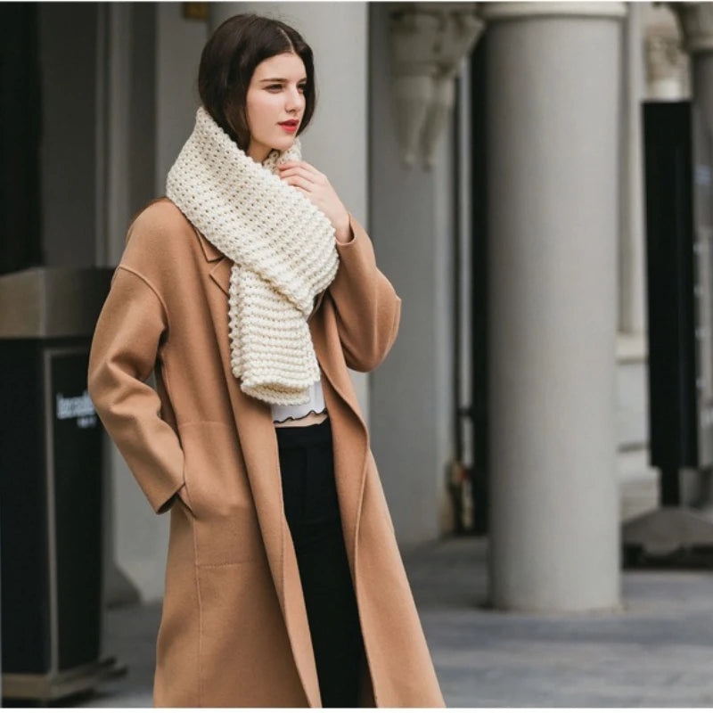 Hand Knitted Chunky Yarn Plain Scarf for Women Winter Thick Warm Soft Wool Like Scarf Fashion Long Scarves Casual Outdoor Travel