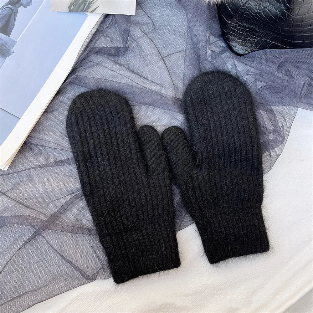 New Fashion Knitted Gloves Men's and Women's Double-layer Velvet Warm Rabbit Fur Winter Out Cold Simple 23*11CM