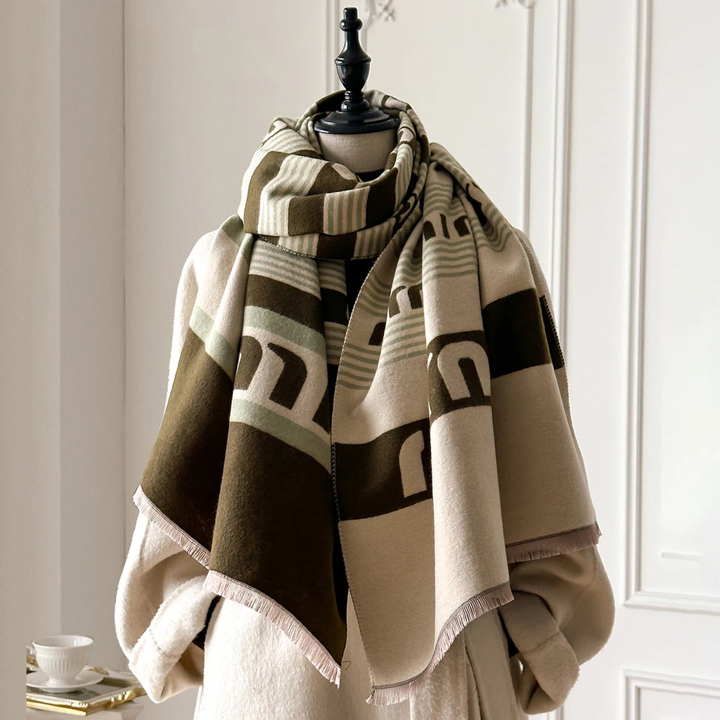 New Brand Elegance Two-Sided Print Scarf Soft Warm Fringe Pashmina Shawl Autumn and Winter Outdoor Coldproof Windproof Blanket