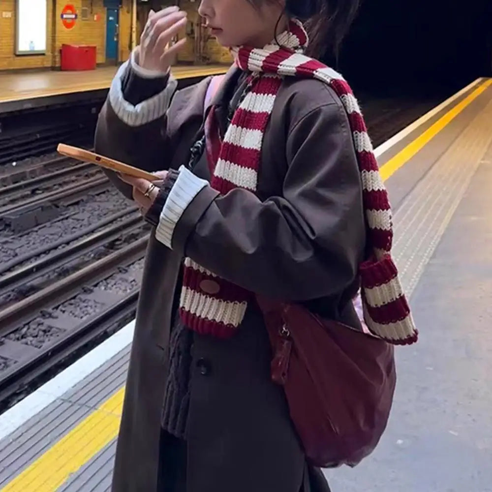 Red Stripe Soft Wool Knitted Scarf Women Winter Korean Thick Warm Scarf Fashion Y2K Harajuku Scarf Shawl Christmas New Year Gift