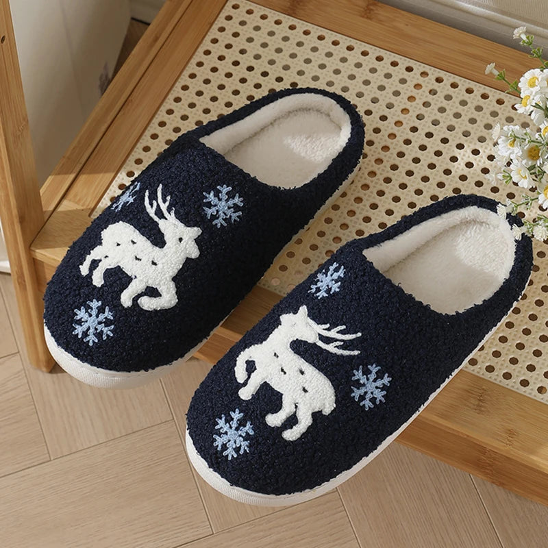 Cartoon Moose Cute Plush Indoor Slippers Women 2025 Winter Warm Fluffy Fur Couple's Christmas Slippers Soft Flat Heel Slides