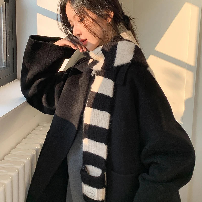 Red Stripe Soft Wool Knitted Scarf Women Winter Korean Thick Warm Scarf Fashion Y2K Harajuku Scarf Shawl Christmas New Year Gift