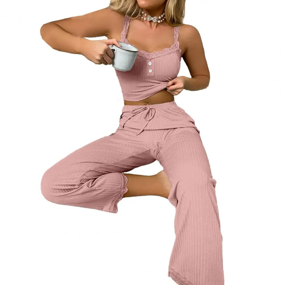 Women Casual Two-piece Set Home Loungewear  Women Summer Pajamas Low-cut Tube Top Drawstring Pants Suit Tank Top Trousers Set