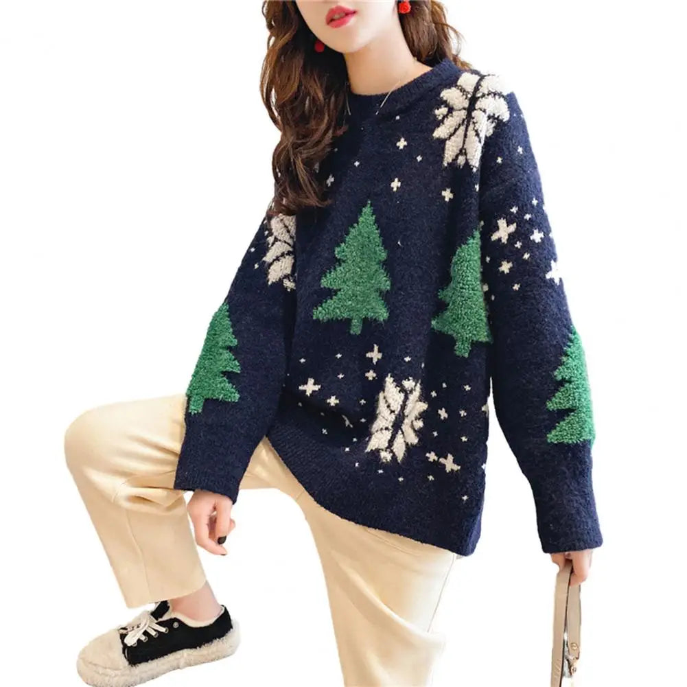 Knitted Sweater Cozy Women's Christmas Sweater Knit Thick Round Neck Festive Tree Print Soft Warm Pullover for New Year