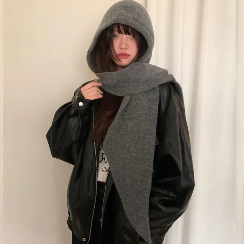 Korean Balaclava bonnet beanies y2k Hat scarf one-piece thickened warm retro Neck protection winter accessories knitted Law hat