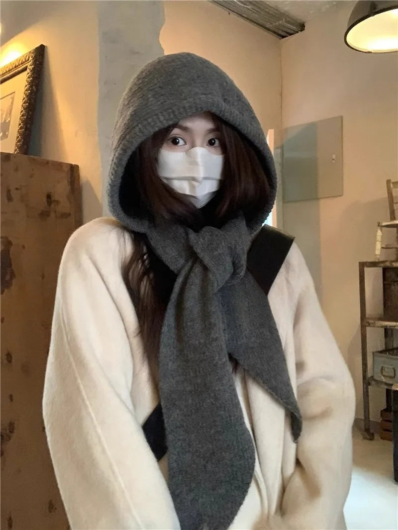 Korean Balaclava bonnet beanies y2k Hat scarf one-piece thickened warm retro Neck protection winter accessories knitted Law hat