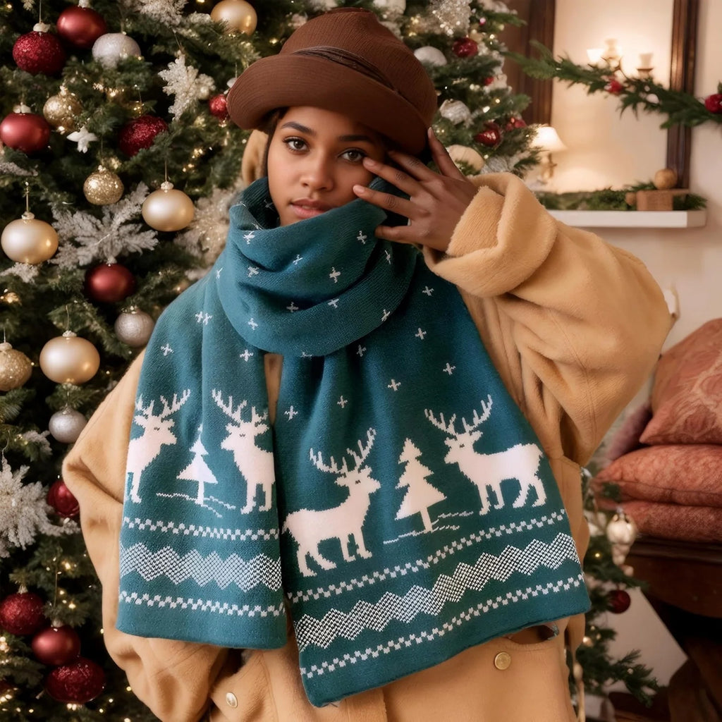 1PC Christmas Reindeer Scarf Knitted Warm Double-sided Pattern Winter Holiday Fashion Accessory For Women Girls Xmas Party Gift