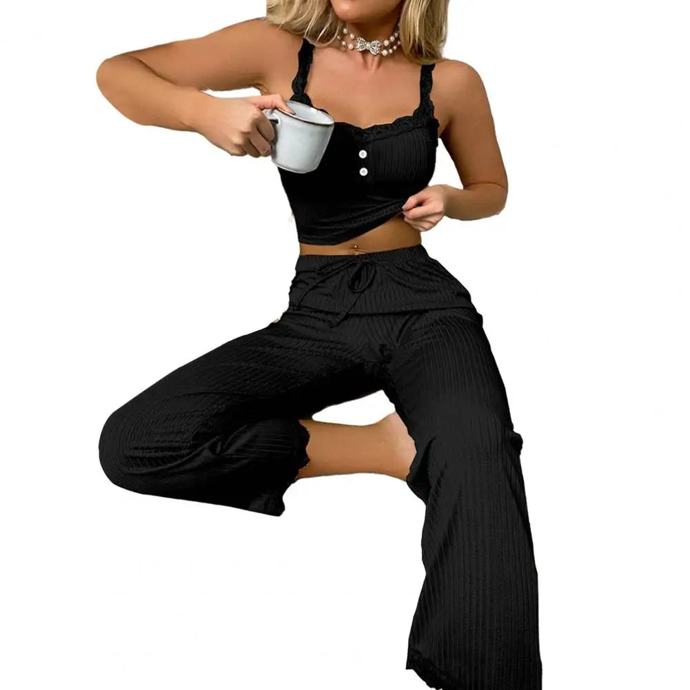 Women Casual Two-piece Set Home Loungewear  Women Summer Pajamas Low-cut Tube Top Drawstring Pants Suit Tank Top Trousers Set