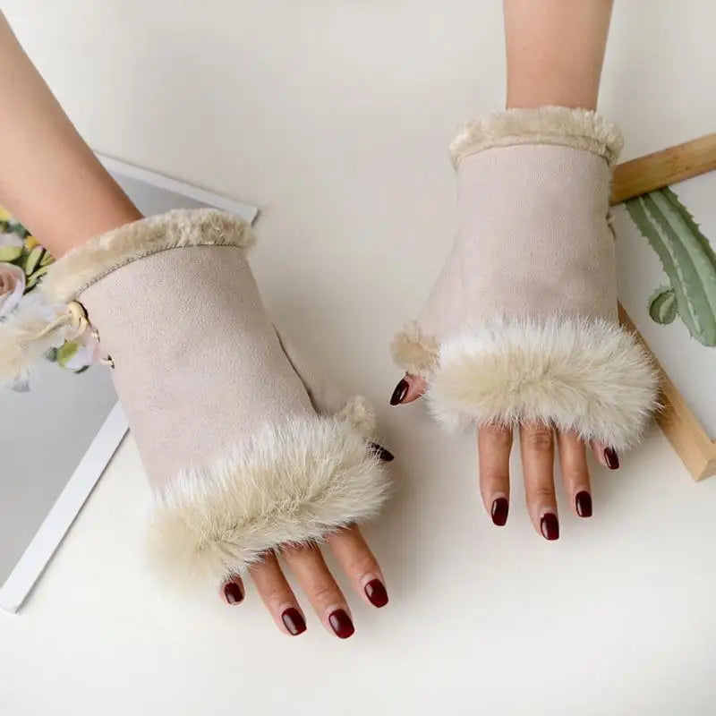 Soft Winter Half Finger Gloves Women Warm Luxury  Plush  Fingerless Gloves Wrist Mittens Writting