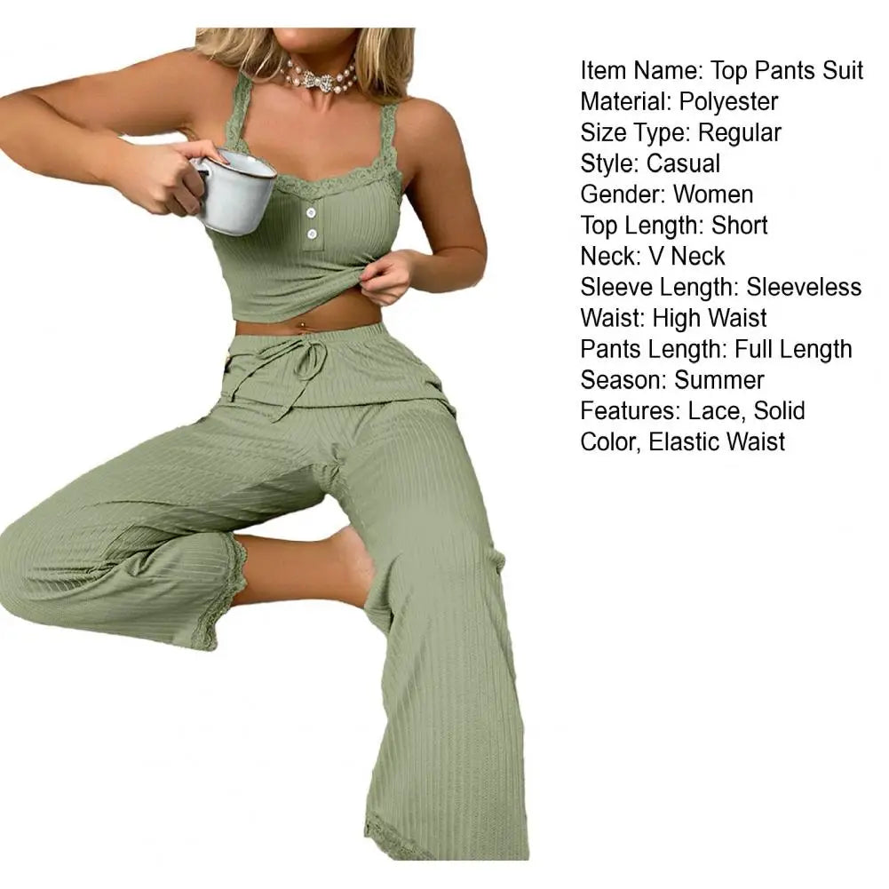 Women Casual Two-piece Set Home Loungewear  Women Summer Pajamas Low-cut Tube Top Drawstring Pants Suit Tank Top Trousers Set