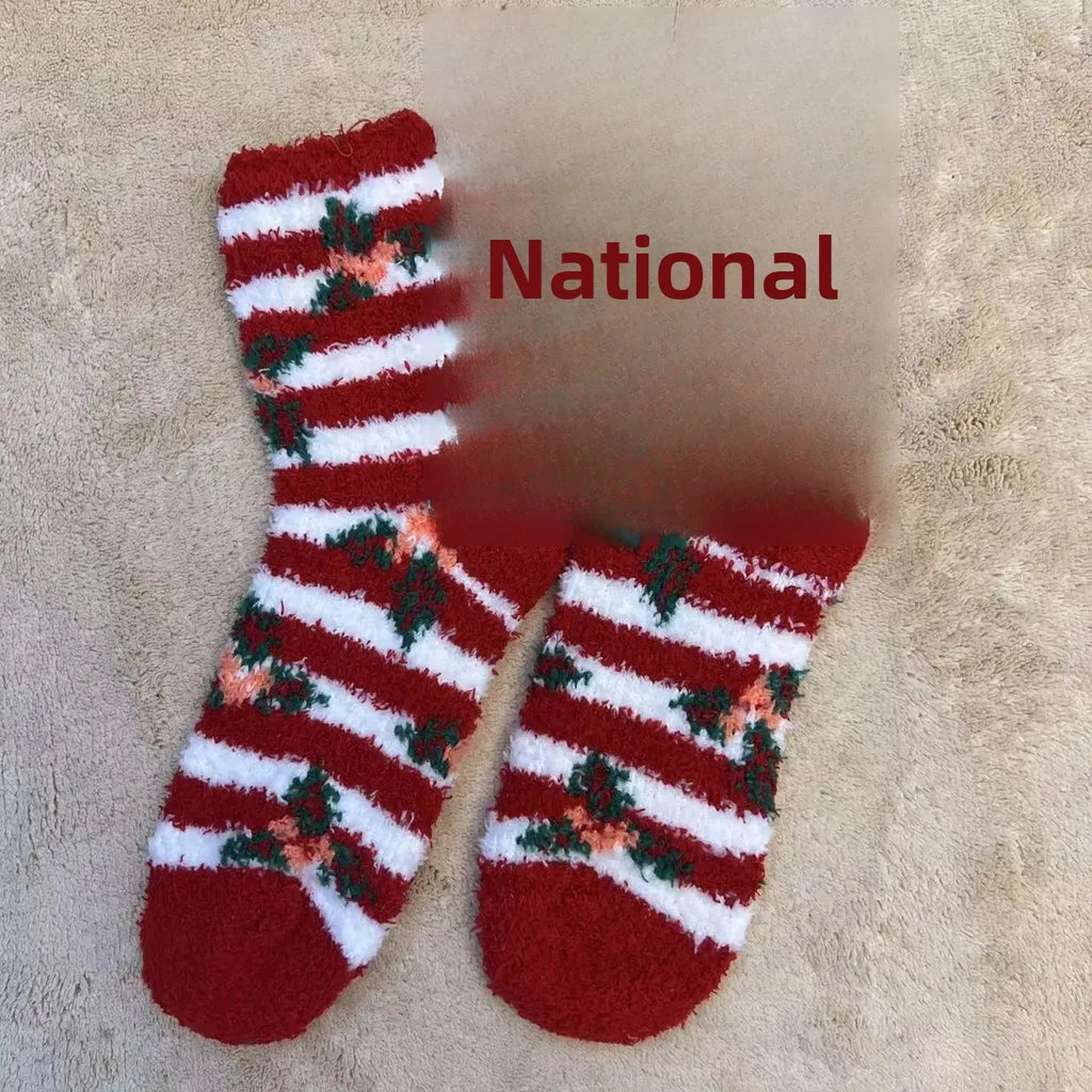 Christmas Red Thickened Coral Fleece Slippers Women's Home Socks Cozy Plush Autumn Winter Floor Socks Warmth And Style