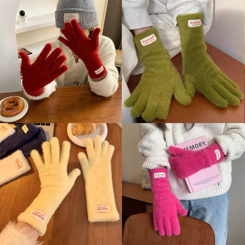 Winter Women's Gloves Thick Plush Knit Gloves Warm Velvet Mittens Solid Outdoor Ski Drive Touch Screen Gloves Christmas Gift