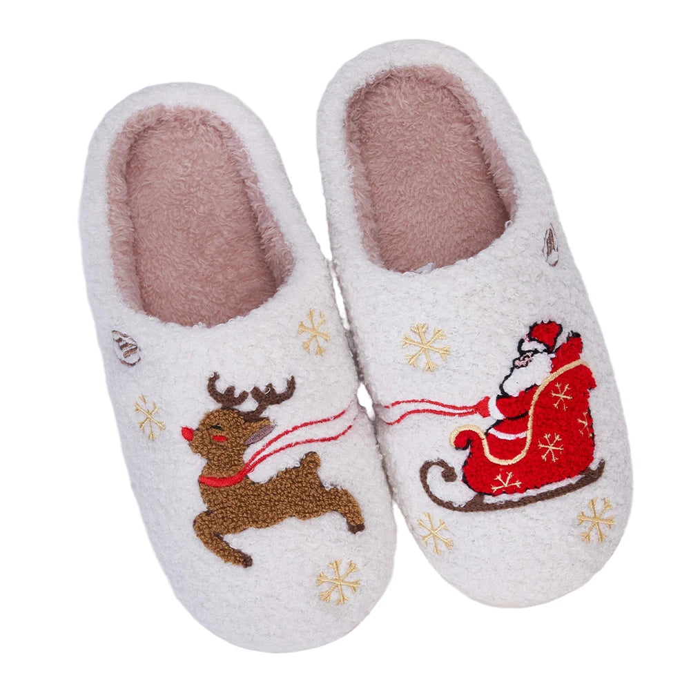 Winter Lovely Women Slippers Christmas Santa Claus Elk Plush Slippers Girls Fashion Indoor Slides Couples Soft Flat House Shoes