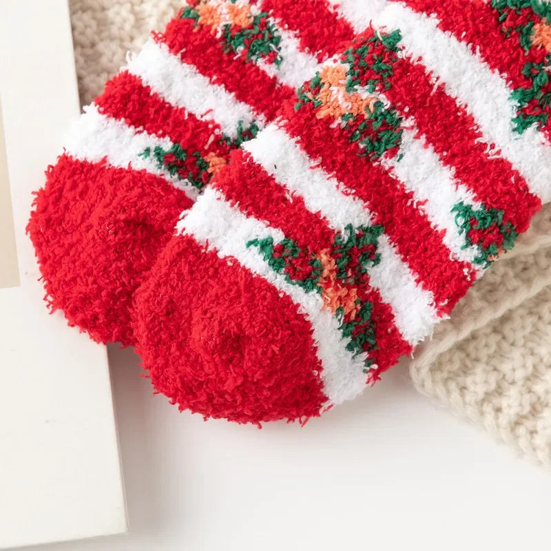 Christmas Red Thickened Coral Fleece Slippers Women's Home Socks Cozy Plush Autumn Winter Floor Socks Warmth And Style