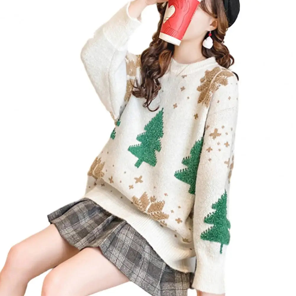 Knitted Sweater Cozy Women's Christmas Sweater Knit Thick Round Neck Festive Tree Print Soft Warm Pullover for New Year